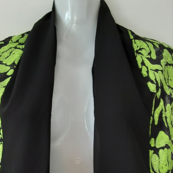 Canadian Made LACE Open Front Black Vest with Lime Sequins on Lace One Size - Picture 2 of 7